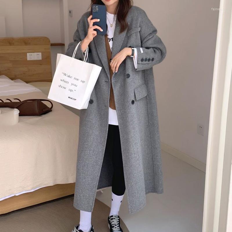 

Women's Trench Coats Autumn Winter Overcoat Women's Woolen Jacket Long Coat Female Loose Casual Quilted Gray Black Outerwear, Grey