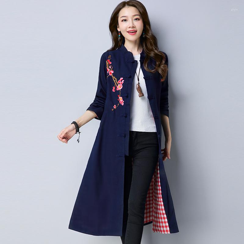 

Women's Trench Coats Long Cotton Linen Coat Women 2022 Fashion Spring Autumn Women's Clothing Vintage Embroidery Floral Loose, Red