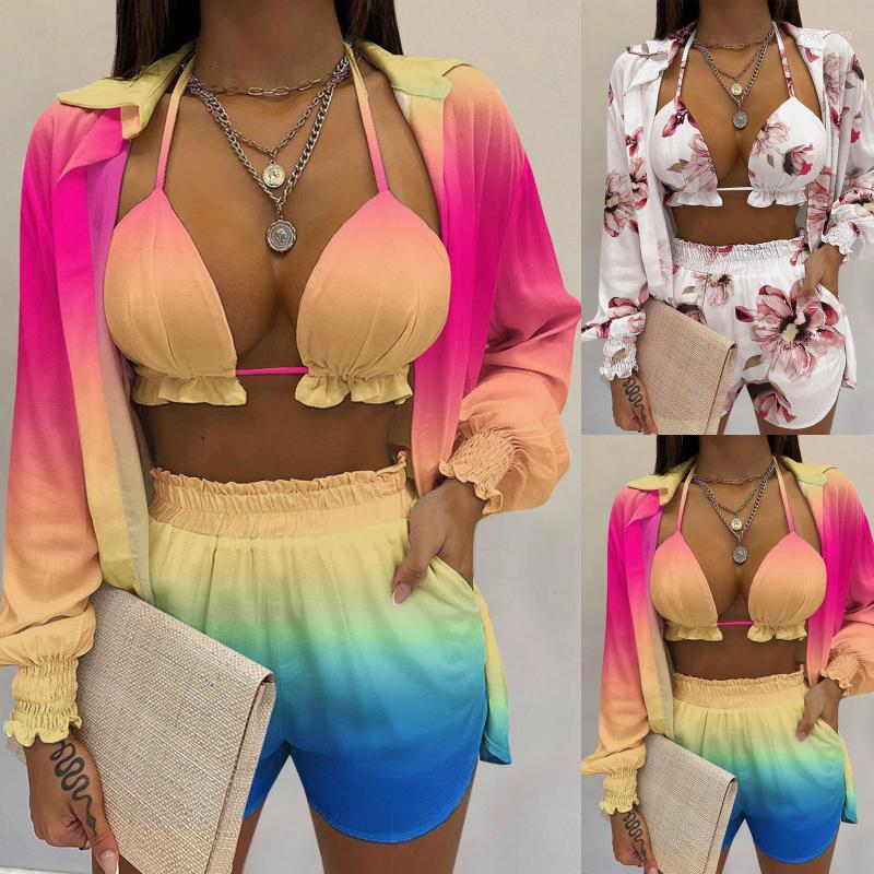 

Women' Shorts Women' Sexy Swim Wear Women 3PCS Sleeve Shirt Floral Print Set With Crop Top I TopWomen, White