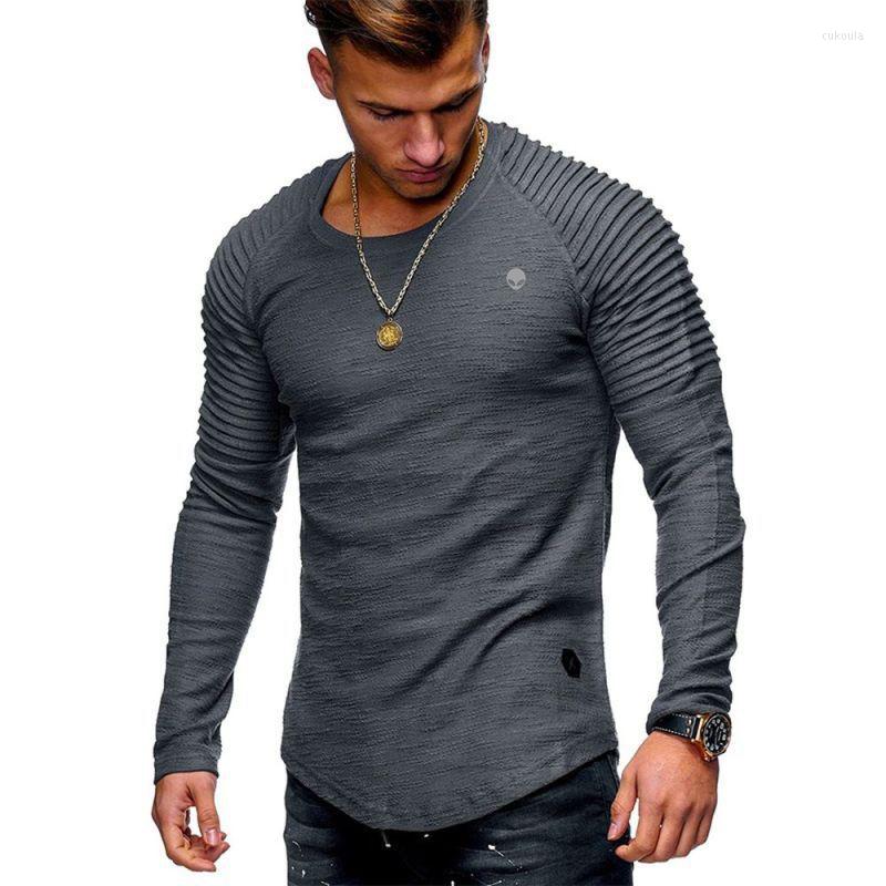 

Men' T Shirts T-Shirts Men Long Sleeve Pleated Patch T-Shirt O Neck Streetwear Man Knitwear Slim Fit Pullover Autumn Quality Fashion Brand, Black