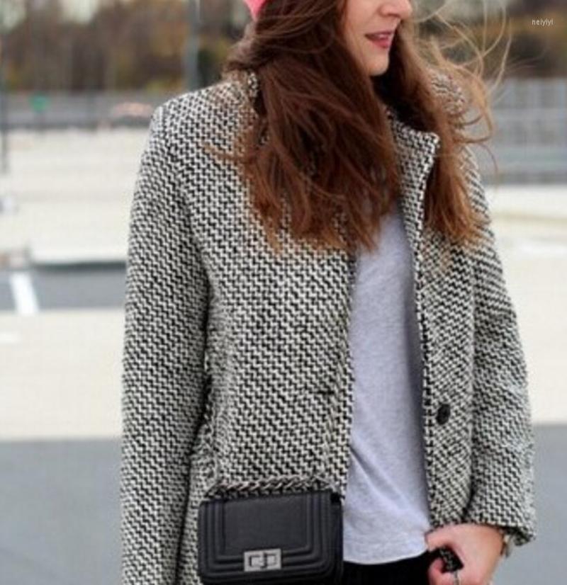 

Women' Wool Women' Coat Autumn Winter Lapel Long-sleeved Houndstooth High-quality Windproof Pike Elegant Blend Woolen Blaze Outwear, As photo 1