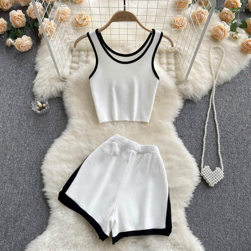 

Women's Tracksuits Loose Cotton Two Piece Sets Striped High Waist Shorts Fitness Tracksuit Vest Tops Sporty Set Women Holiday Clothes, White set