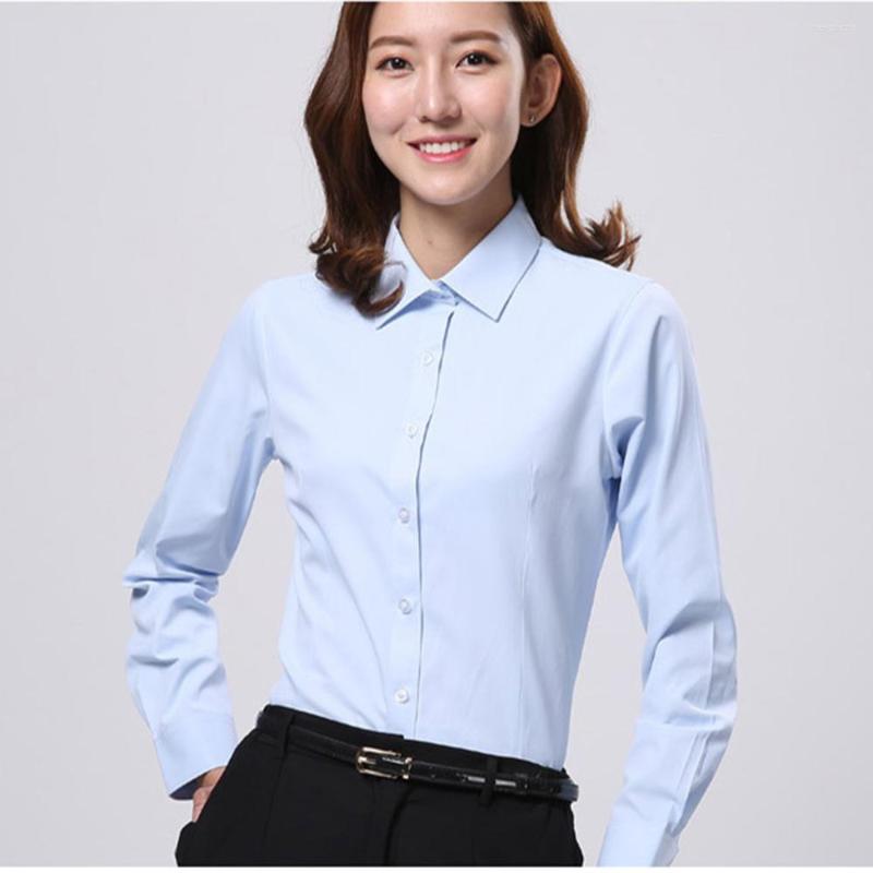 

Women's Blouses Women Long Sleeve White Office Business Breathable Camisa Branca Formal Female Dress Shirt, V collar twill