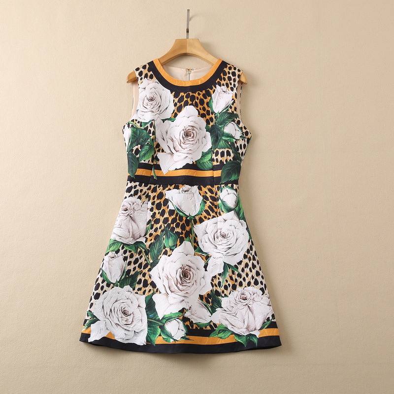 

2022 Autumn Round Neck Panelled Leopard Rose Dress Multicolor Floral Print Sleeveless Short Casual Dresses S2O080114, Multi