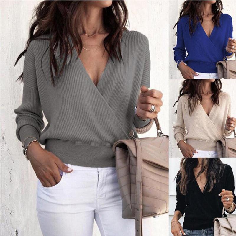 

Women' Sweaters Women' 2022 Autumn And Winter Clothes Pure Colors European American Fashion Sexy Deep V-neck Knitted Sleeve Loose, Blue