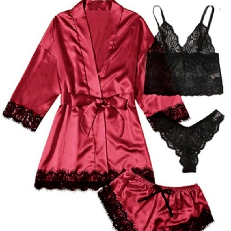 

Women's Sleepwear Women's Woman 4pcs Floral Lace Trim Satin Pajamas Set With Robe Sexy Faux Silk Sets Casual Home Clothes, Rd