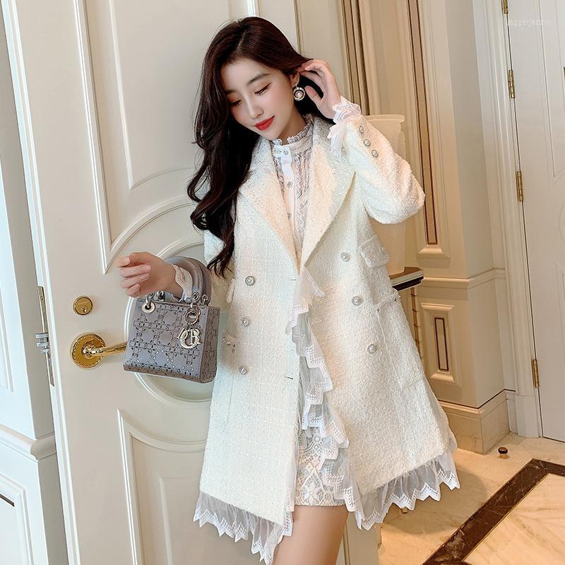 

Women' Wool 2022 Spring And Autumn Lace Stitching Women' Tweed Coat Korean Version Loose Temperament Gentle Suit Women, White