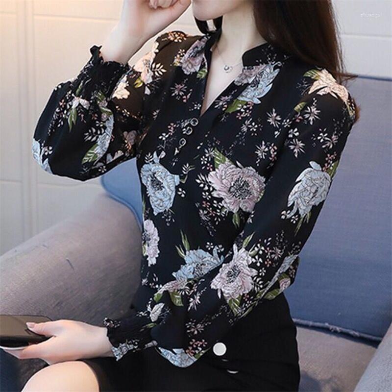 

Women's Blouses Floral Pullover Chiffon Shirt Feminine Long Sleeve V-neck Print Loosely Gathered Cuffs Older Blouse Elegant Office, Black