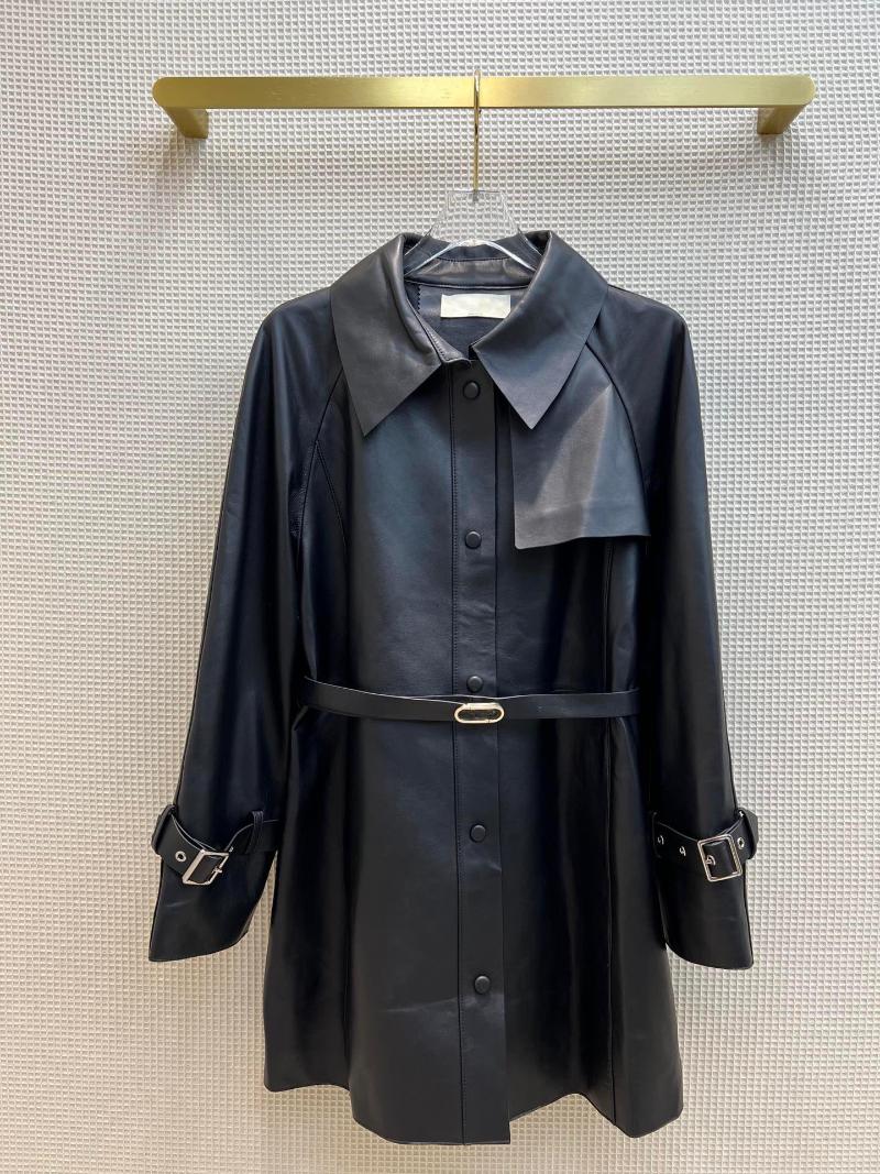 

Women' Leather Luxury Fashio Winter Streetwear Sheepskin Shirt Style Soft Jacket Women Lapel Long Sleeve Slim Belt Black Coat