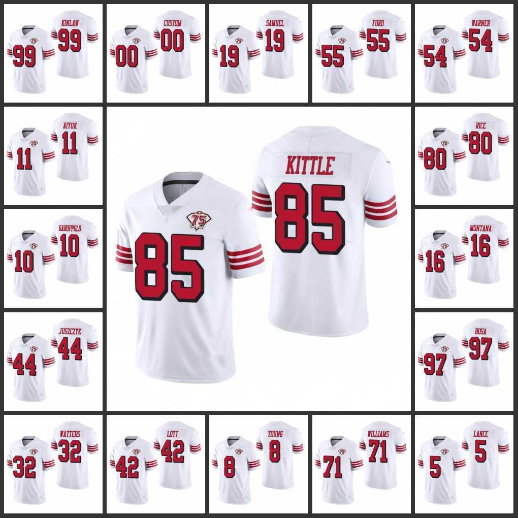 

Mens Jersey San Francisco''49ers''Men #10 Jimmy Garoppolo 97 Nick Bosa 85 George Kittle 5 Trey Lance Women Youth Custom White Throwback Limited 75th