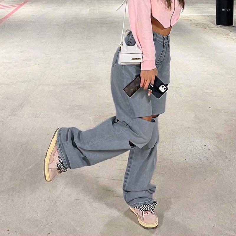 

Women' Jeans Sunny Y.j. 2022 Streetwear Casual Baggy Holes High Waist Wide Leg Cargo Pants Women Spring Korean Fashion Denim Trousers, Blue