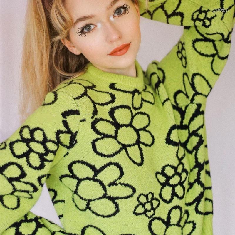 

Women' Sweaters Women' Autumn Ladies Female Knitted Casual Puff Long Sleeve Knitwear Women Retro Contrast Color Flower O-Neck Loose