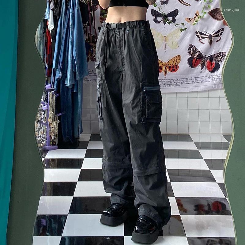 

Women' Jeans Spring Autumn Women High Waist Wide Leg Vintage Hiphop Multi-pocket Cargo With Belt Lady Casual Loose Denim Trousers, Gray