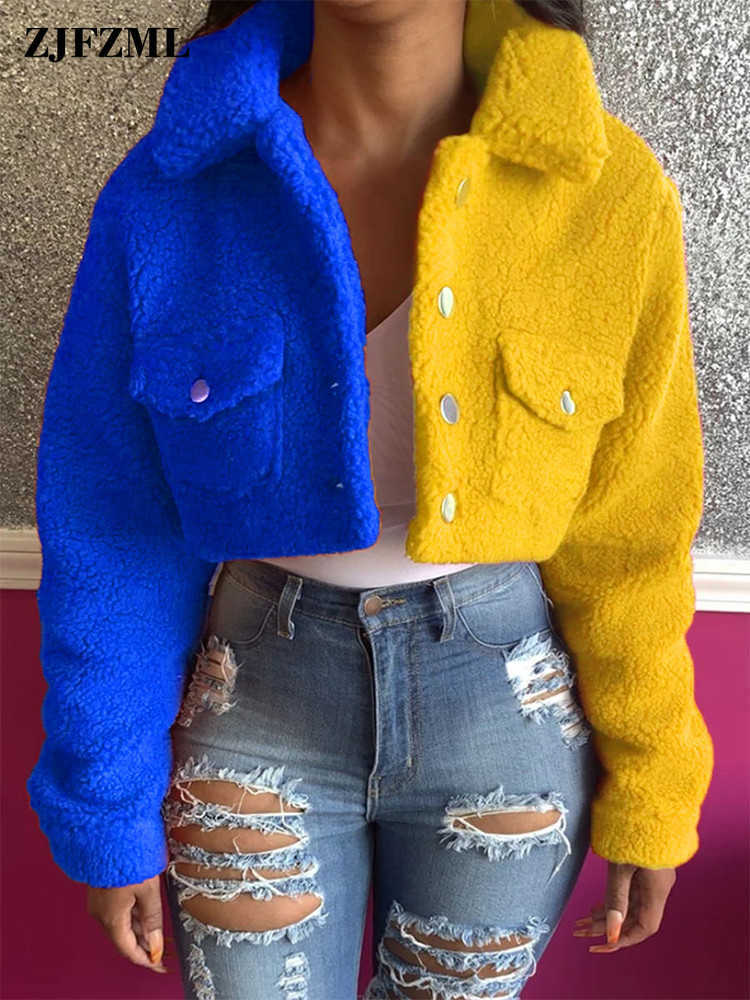 

Women' Jackets Yellow Blue Color Block Spliced Crop Jackets Women Casual Turn Down Collar Long Sleeve Coat Fall Winter Button Pocket Outwears T221008, Gl6320 red