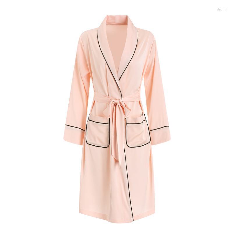

Women's Sleepwear Women's Faux Silk Female Full Sleeve Robe Gown Spring Autumn Loose Kimono Bathrobe Casual Nightwear With Pocket Home, Black