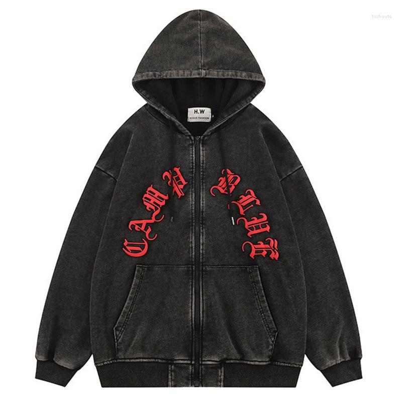 

Men' Hoodies Hip Hop Hooded Sweatshirt Vintage Skull Letter Printed Full Zip Up Oversized Hoodie Jackets 2022 Autumn Gothic Punk Washed, Black