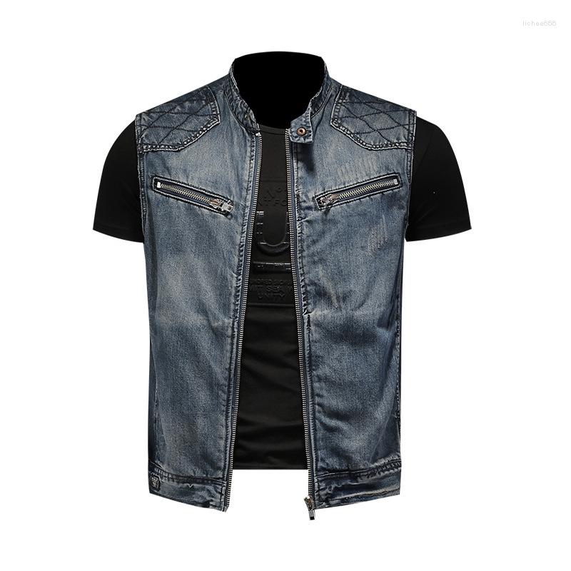 

Men's Vests Men's Motorcycle Biker Denim Vest Vintage Blue Embroidery Zippers Pockets Sleeveless Jackets Punk Cowboy Fashion Wasitcoat, Cowboy blue