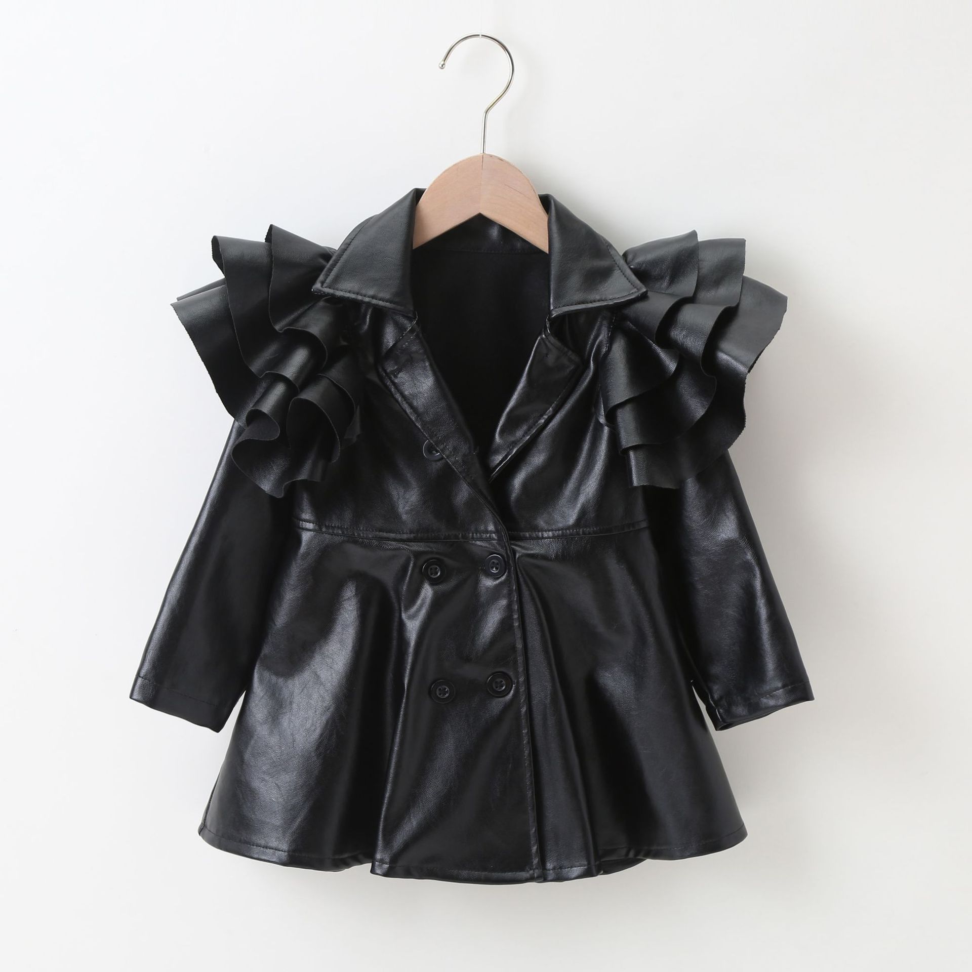 

Fall Kids Girls PU Jacket Double Breasted Children Leather Outwear For Girl Baby Girl, As picture