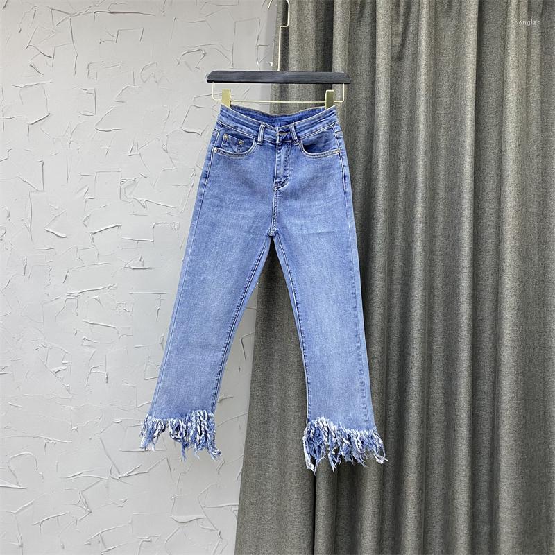 

Women's Jeans Light Blue Fringed Burr Cropped Pants For Women Bell-Bottom 2022 Spring And Autumn Slim Skinny Fashion Jean Lady