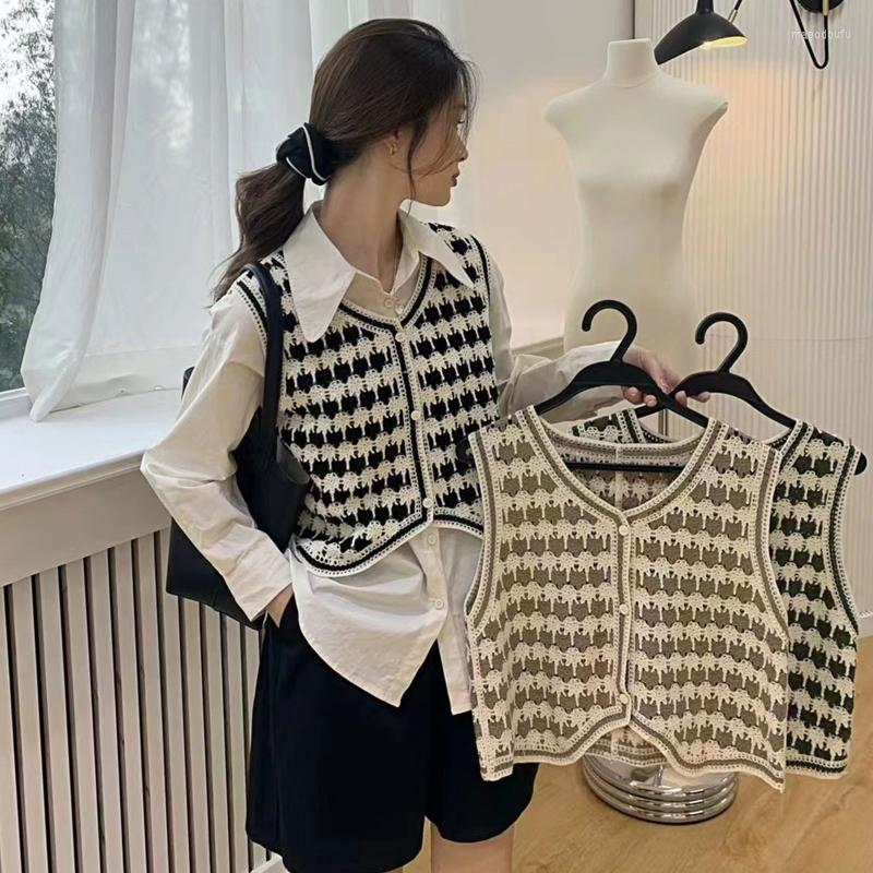 

Women's Vests Spring Women's Sweet Fresh Tunic Temperament Texture Striped Knitted Short Vest, Black