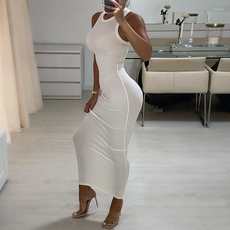 

Casual Dresses Ribbed Knitted Summer Black White Maxi Dress Women 2022 Sexy Party Bodycon Long Sundress Ladies Brown Wrap