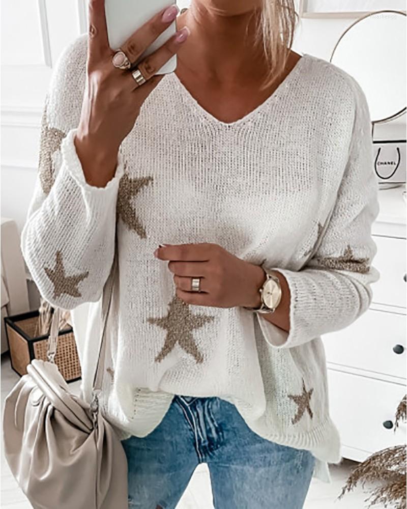 

Women' Sweaters Women' Fashion Star Print Casual Long-sleeved V-neck Sweater Ladies Loose And Comfortable Pullover 2022 Spring, White