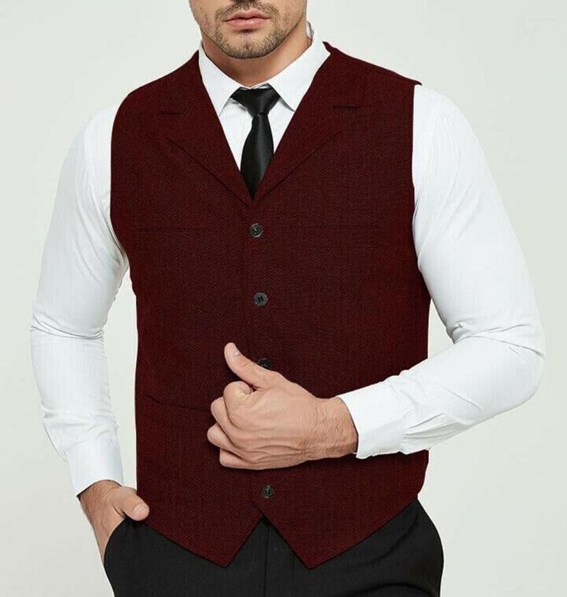 

Men's Vests Men's Coffe Herringbone Wool Tweed Slim Fit Leisure Cotton Suit Burgundy Vest Gentleman Business Waistcoat For Wedding, Brown
