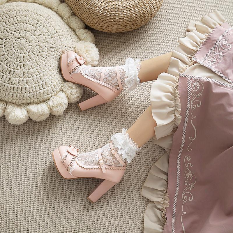 

Dress Shoes 2022 Spring Women Plus Size 22-26.5cm Lace Mary Jane Japanese Original Hollow Flowers Super High Heel Lolita, Black