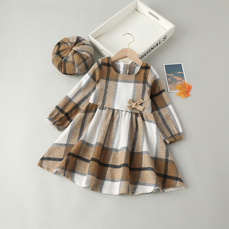 

toddler kids spring autumn dress baby girl plaid casual pleated dresses with hat, As picture