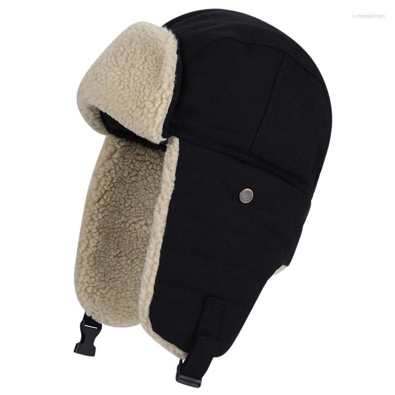 

Berets Men Women's Ear Protection Cap Trapper Bomber Warm Trooper Flaps Winter Ski Hat Solid Fluffy Faux Fur Bonnet Hats, Black