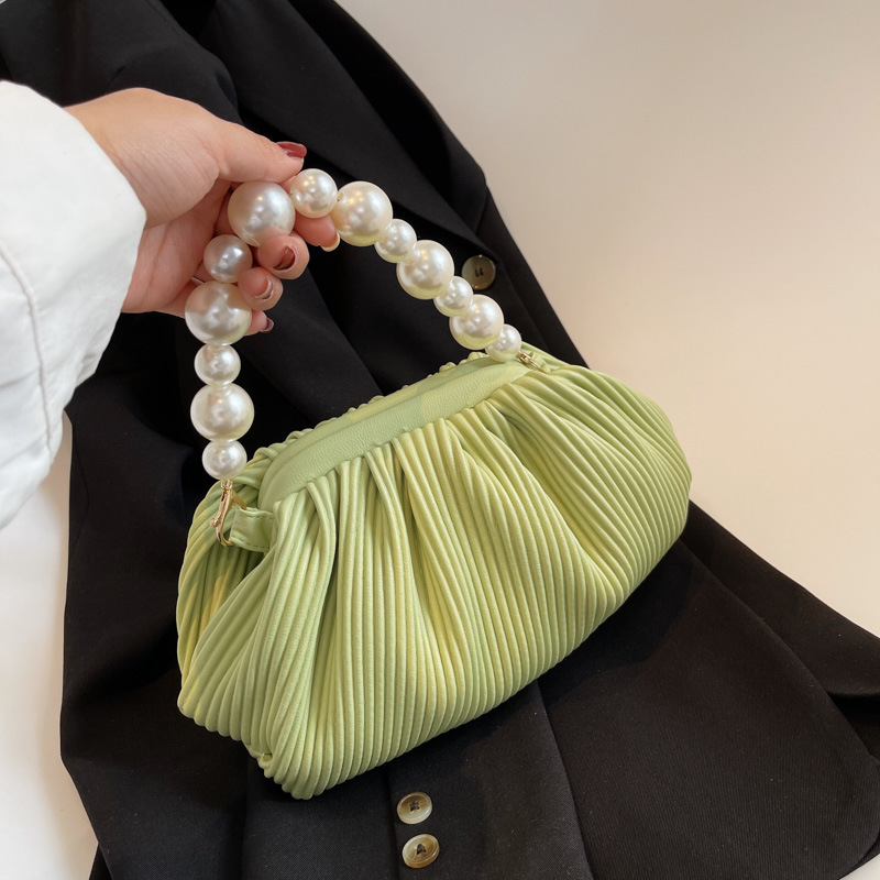 

Pearl pleated bag female stripe trendy fashion cloud bag Western style solid color handbag shoulder crossbody Totes, Green