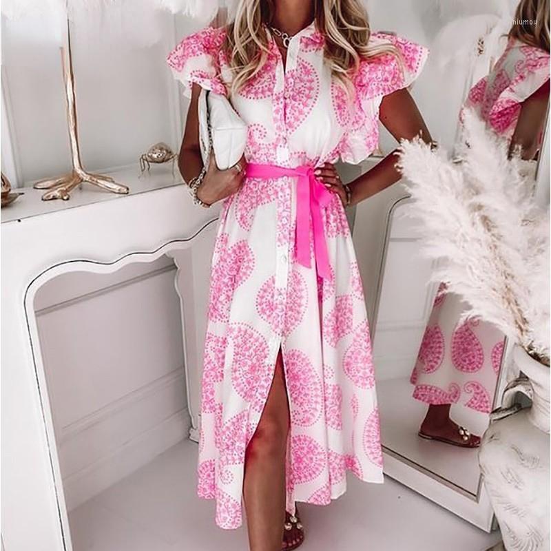 

Casual Dresses Vintage Print Women Dress Turn-down Single Breasted Slit Belt Ladies Party 2022 Summer Fashion Elegant Shirt, Pink