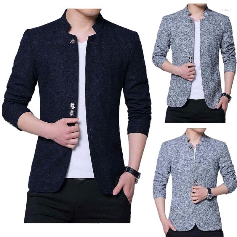 

Men's Suits Men's Stand Collar Tunic Jacket Men Blazer Patchwork Quality Blazers Slim Fit Woolen Outwear Coat, Black
