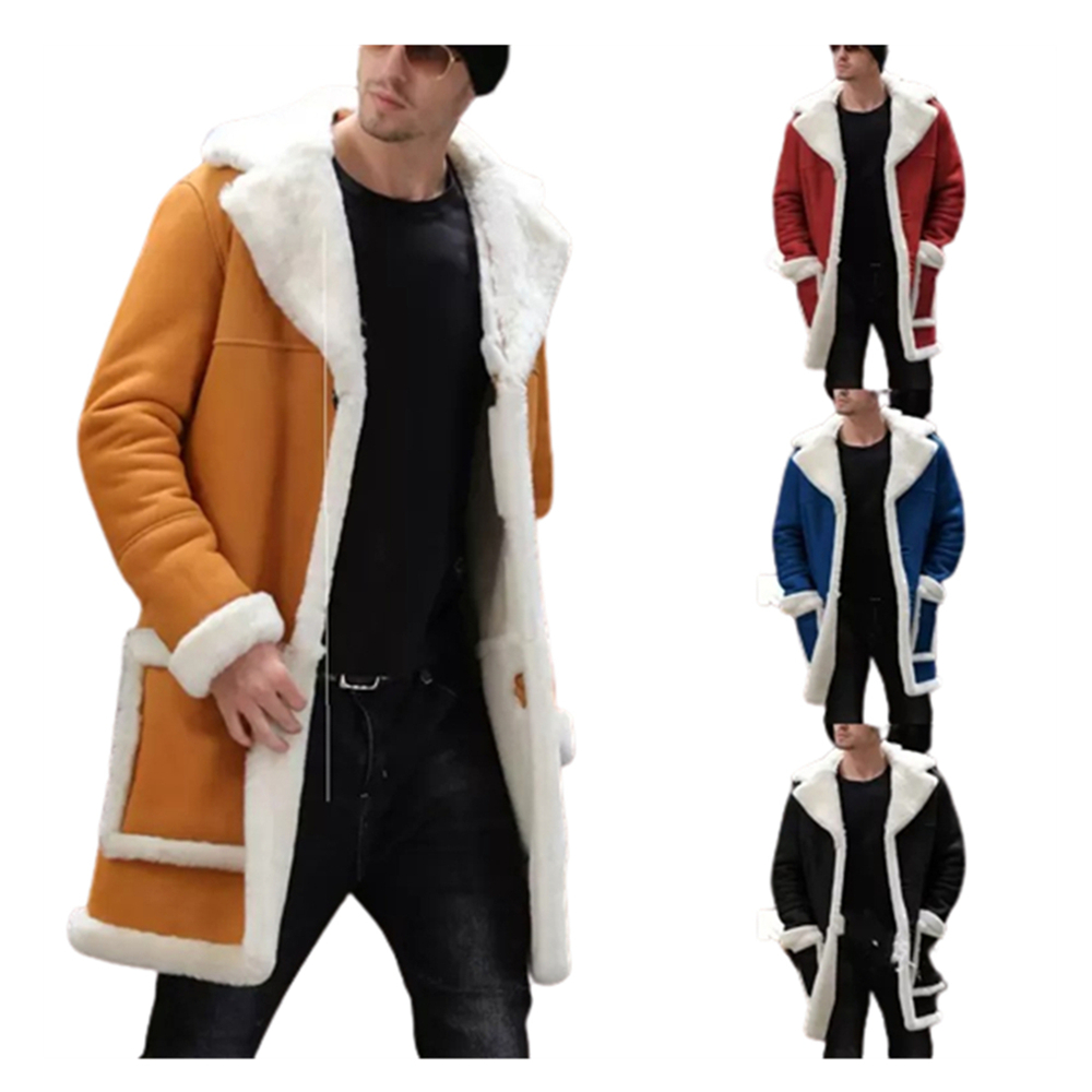 

S-5XL Fashion Winter Wool Blends Fur Collar Jackets For Men Warm Single Button Long Sleeve Thicken Plus Size Long Coats D3743#, Yellow