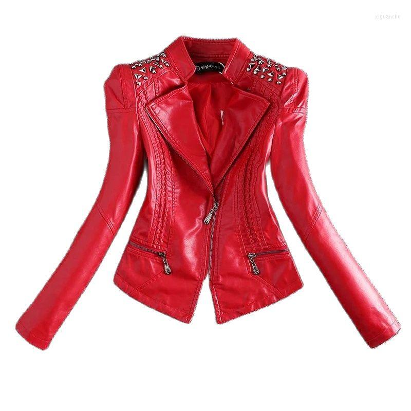 

Women's Leather Keep Warm Temperament PU Jacket Women's Jackets Short Slim Fit Stand Collar Long Sleeves Fashionable Outerwear, Red