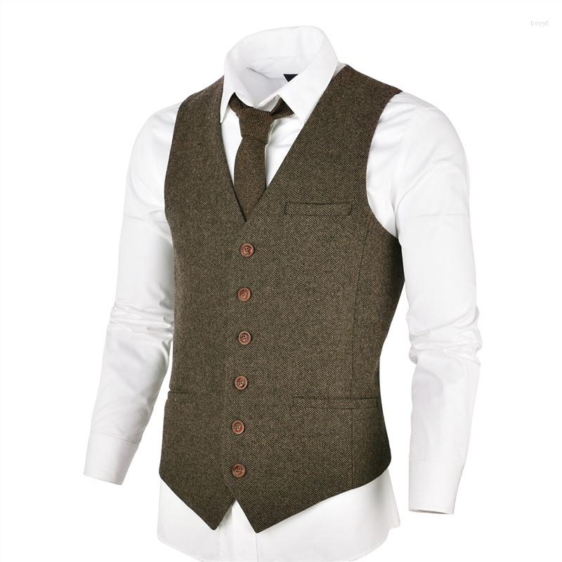 

Men' Vests VOBOOM Wool Tweed Mens Waistcoat Single-breasted Herringbone Slim Fitted Suit 007, Dark grey