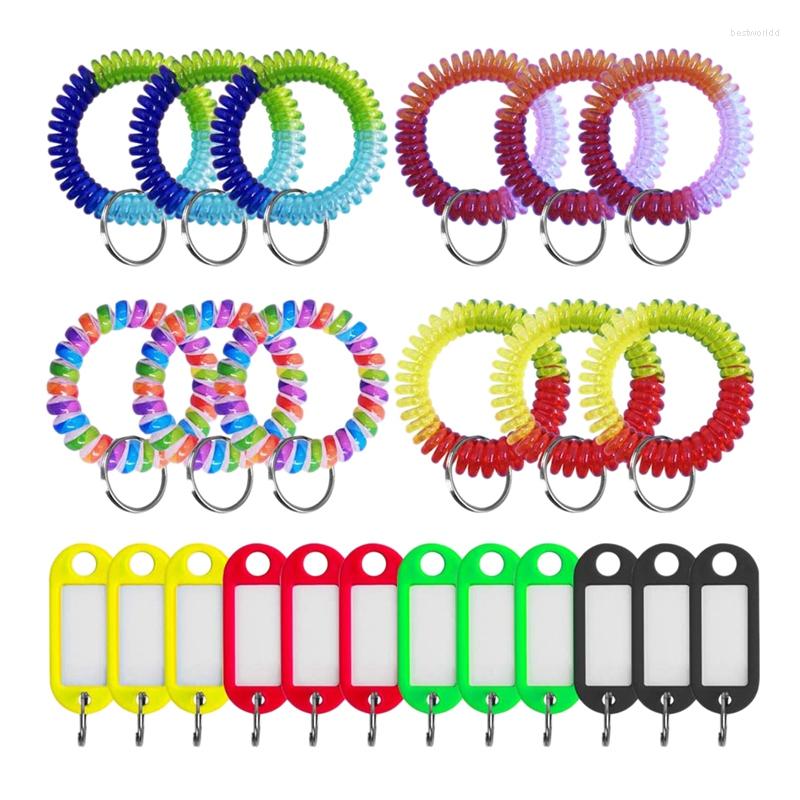 

Keychains 24 Pcs Wrist Keychain Key Tags Set With Split Ring Label Window Stretchable Spring Spiral Wristband Coil ID
