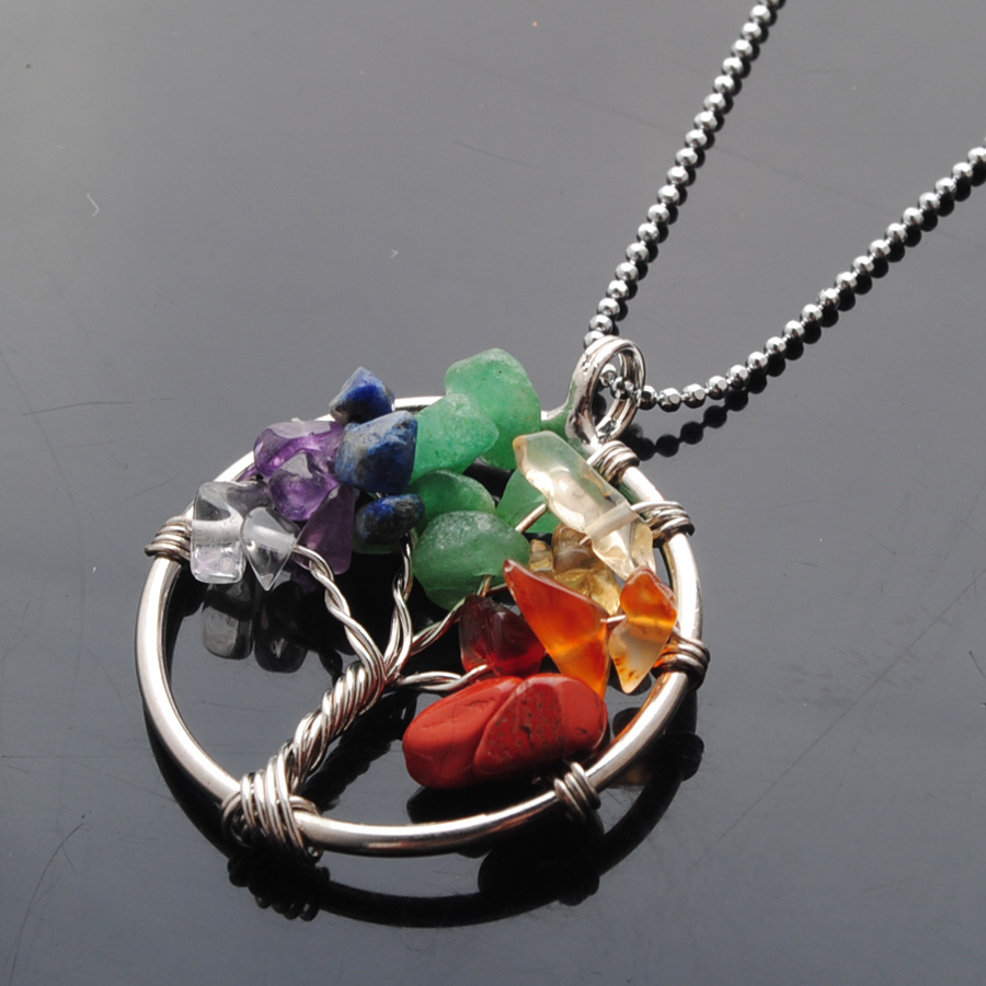 

Tree of Life Pendants & Necklace Girls Women Jewelry Gift Wire Wrapped Natural Chips Stone Charm With Chain 45cm BN389