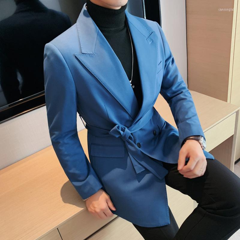 

Men's Suits Double Men's Breasted Blue Belted Blazer Notched Long Sleeve Slim Fashion Suit Coat 2022 Pring Casual Tide Cloth 2D1532, Black