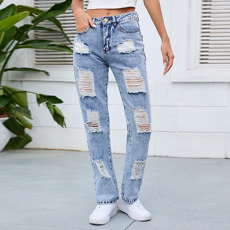 

Women' Jeans Wild Ripped Straight 2022 Casual Washed Mid Waist Loose Pants Women Vintage Light Color Denim Trousers Sexy Y2K Style, Blue