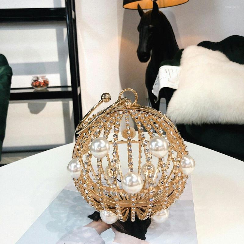 

Evening Bags Designer Fashion Women Pearl Beaded Crystal Party Bag Bridal Wedding Round Ball Wrist Clutch Purse Handbag, Gold