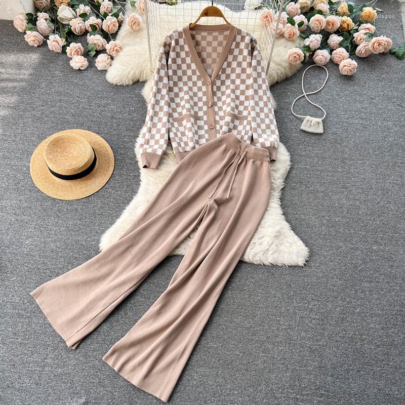 

Women's Two Piece Pants Women's Long Sleeve Plaid Knitted Casual Loose Two-piece Sweater Top Thick Cardigan Sweaters Winter Clothes Set, Black set