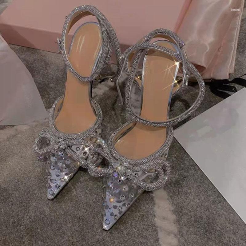 

Dress Shoes Glitter Rhinestone Bowknot Women Pumps Sexy Pointed Toe Ankle Strap High Heels Transparent Sandals Summer Wedding Prom, Black