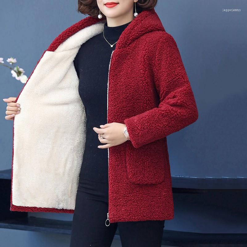 

Women's Fur Winter Women Lambswool Polar Fleece Plus Velvet Cotton Jacket Coat Overcoat Hooded Female Outerwear Casual Tops, Red