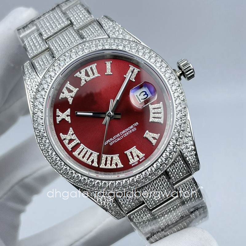 

Fashion Business Silver Mens Watch Datejust 126334 Ice Out Diamond Watch Sapphire Glass red Roman Numerals dial 41mm automatic movement, 1#