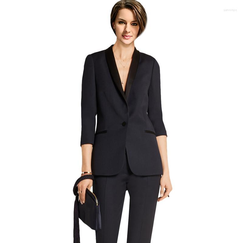 

Women's Two Piece Pants Women's Fall Fashion Suit Female Career Jacket And Long Sections Temperament Casual Two-piece TideThe, Black