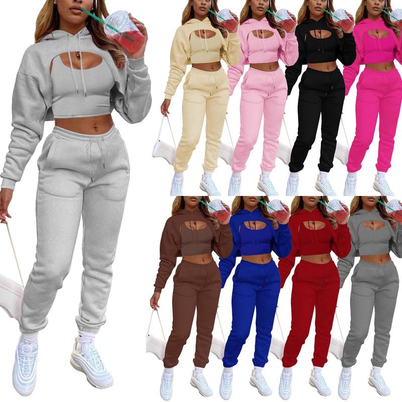 

Women's Two Piece Pants Hirigin 3Pcs Women Solid Color Hoodies Outfits Adults Long Sleeve Drawstring Hoodie Tank Tops Trousers With Pockets
