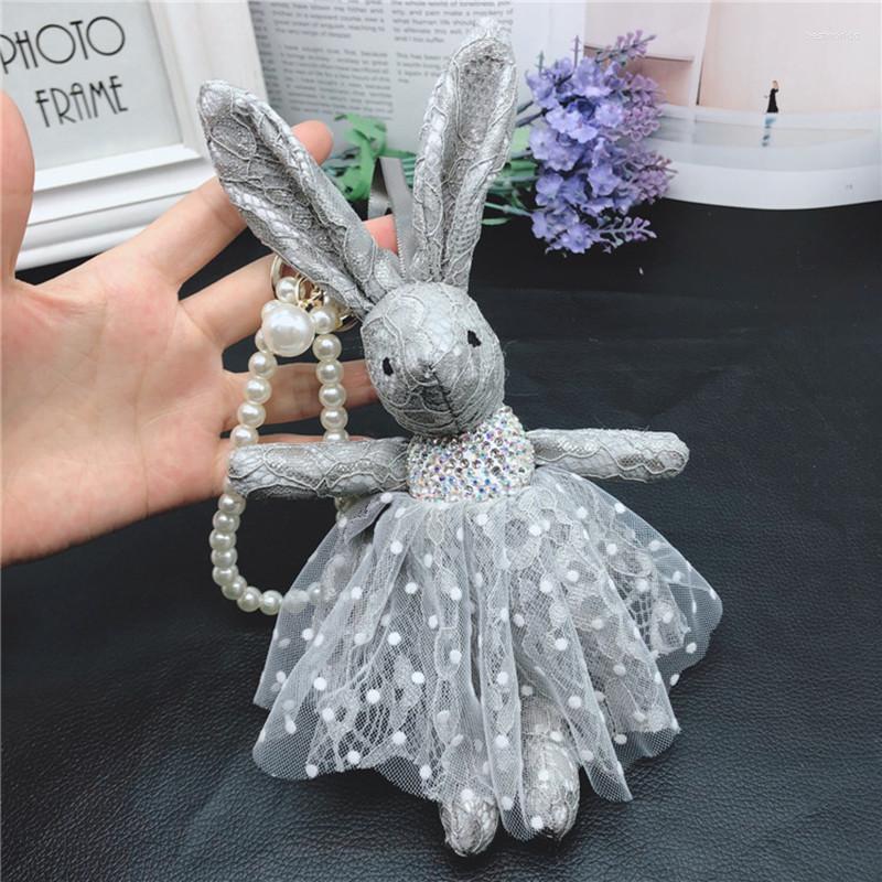 

Keychains Fashion Lovely Lace Dress Bowknot Crystals Fur Pom Keychain Artificial Pearls Embellishment Key Ring 22CM