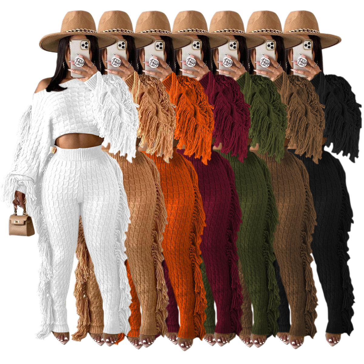 

Sweaters Top and Sweatpants Two Piece Pants Outfits Women Long Sleeved Tassel Sweatshirt and Bottoms Set Free Ship, Orange