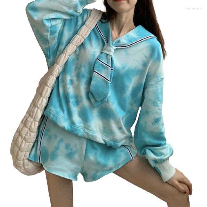 

Women's Tracksuits PERHAPS U Girls Sweet Causal Two Piece Set Tie Dye Sailor Collar Ribbons Long Sleeve Hoodie Elastic Waist Wide Leg Shorts, Sky blue